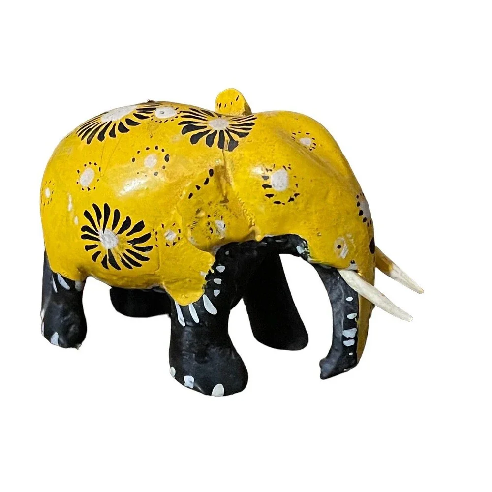 Vintage Hand Carved Hand Painted Elephant Yellow Black White 2” x 3” Wood Figure